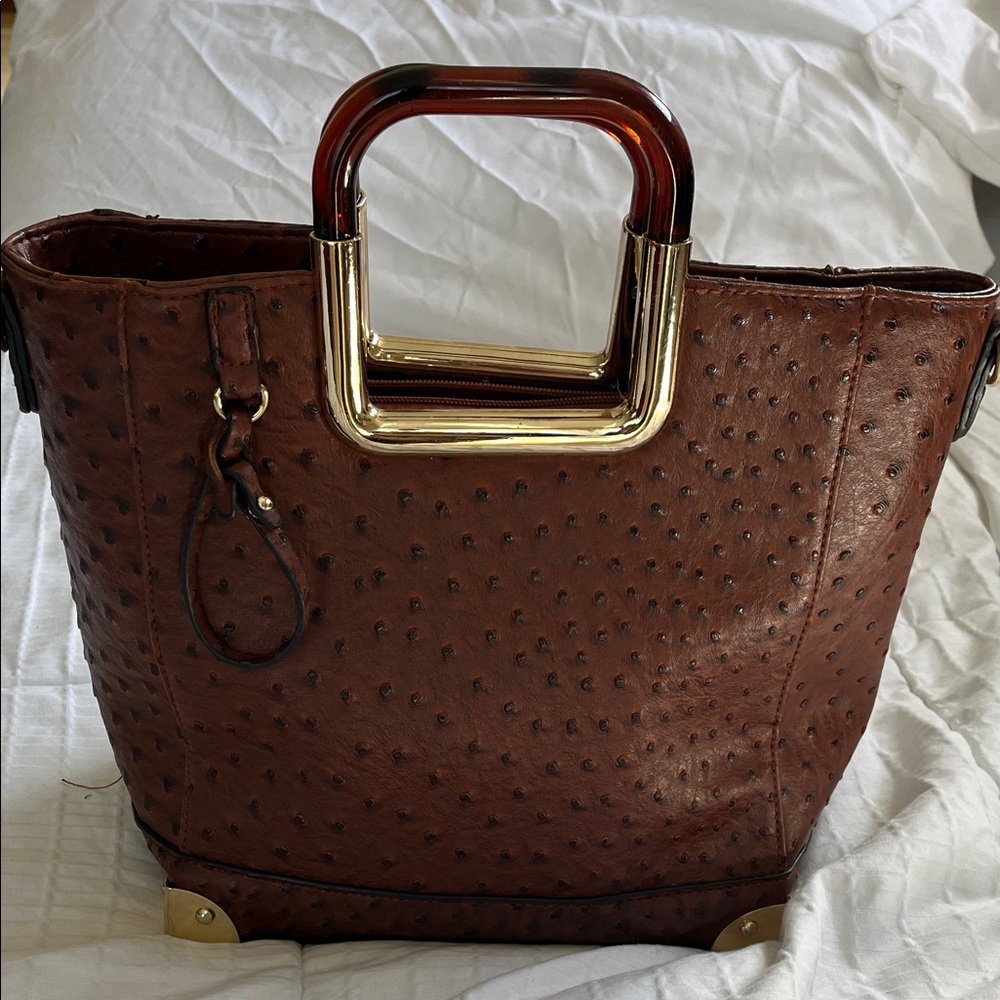 Chic Brown Ostrich-Embossed Tote with Gold Accents